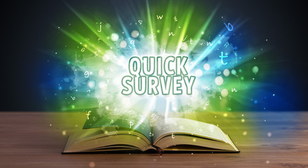 QUICK SURVEY inscription coming out from an open book, educational concept