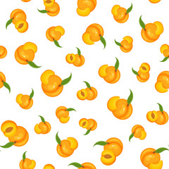 Saemless pattern with cartoon detailed exotic peach on white background. Summer fruits for healthy lifestyle. Organic fruit. Vector illustration for any design.