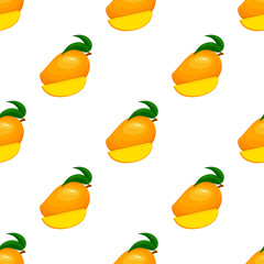 Seamless pattern with fresh bright exotic whole and sliced mango isolated on white background. Summer fruits for healthy lifestyle. Organic fruit. Cartoon style. Vector illustration for any design.