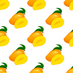 Seamless pattern with fresh bright exotic whole and half mango isolated on white background. Summer fruits for healthy lifestyle. Organic fruit. Cartoon style. Vector illustration for any design.