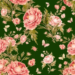 Tuinposter Seamless watercolor pattern with roses and butterflies © Irina Chekmareva