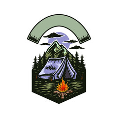 Adventure camping, hand drawn line with digital color, vector illustration
