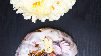 easter cake, decorative chocolate bunny, narcissus flower