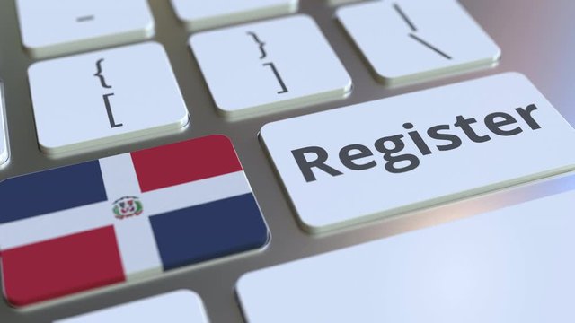 Register text and flag of the Dominican Republic on the keyboard. Online services related 3D animation