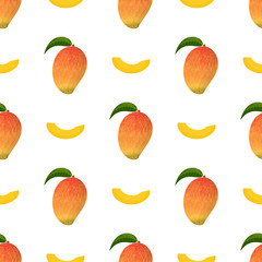 Seamless pattern with fresh bright exotic whole and sliced mango isolated on white background. Summer fruits for healthy lifestyle. Organic fruit. Cartoon style. Vector illustration for any design.