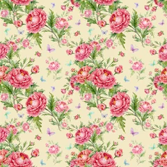 Fototapeten  Seamless watercolor pattern with roses and butterflies © Irina Chekmareva