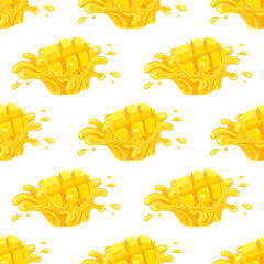 Seamless pattern with fresh bright mango juice splash burst isolated on white background. Summer fruit juice. Cartoon style. Vector illustration for any design.