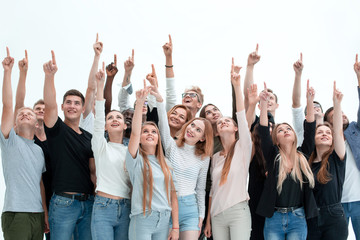 group of serious young people where pointing up