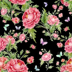 Tuinposter  seamless watercolor pattern with roses and butterflies © Irina Chekmareva