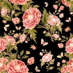 Fotobehang seamless watercolor pattern with roses and butterflies © Irina Chekmareva