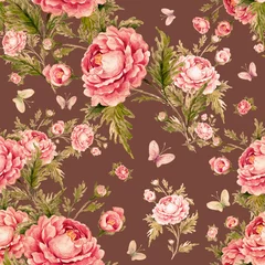 Tuinposter  Seamless watercolor pattern with roses and butterflies © Irina Chekmareva