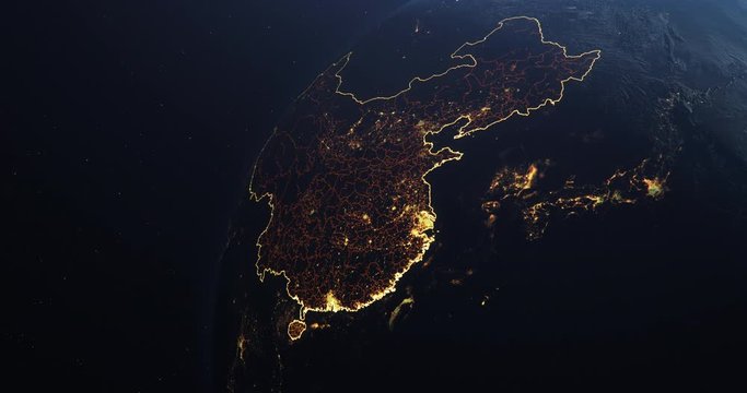 Planet Earth from Space, People's Republic of China highlighted state borders and counties animation, city lights, 3d illustration, elements of this image courtesy of NASA