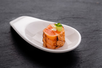 Fish and meat canapés for visiting catering, for holidays and ceremonies, for restaurant, menu
