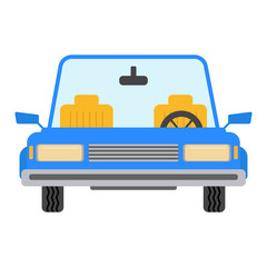 Car flat style.Blue car in front.Yellow car seats.The cartoon style.Vector illustration.