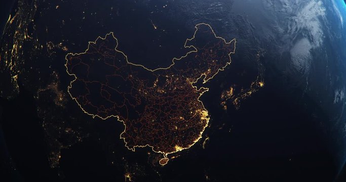 Planet Earth from Space, People's Republic of China highlighted state borders and counties animation, city lights, 3d illustration, elements of this image courtesy of NASA