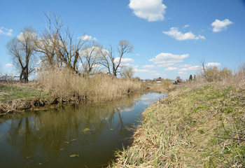 A beautiful rural landscape with a river flowing through the field with bare trees growing on the bank of the river in early spring.