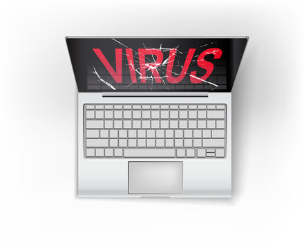 open laptop with broken screen labeled virus top view
