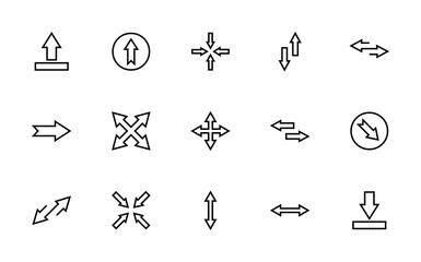 A set of linear arrows, directions, contains such icons as send, download, forward, right, intersection, editable stroke, vector illustration