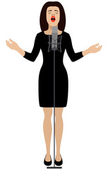 Vector illustration girl wearing black dress singing into the microphone 