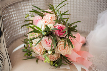 Delicate wedding bouquet of white and pink roses.Delicate wedding bouquet of white and pink roses