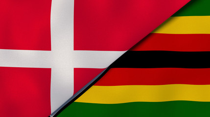 Fototapeta premium The flags of Denmark and Zimbabwe. News, reportage, business background. 3d illustration