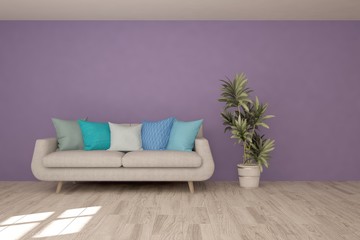 Violet living room with sofa. Scandinavian interior design. 3D illustration
