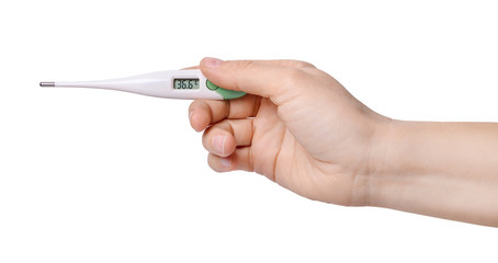 Woman hand holding digital thermometer which shows normal body temperature, isolated on white background.