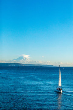 A sailboat on the Puget Sound with Mt Rainer in the distance. 