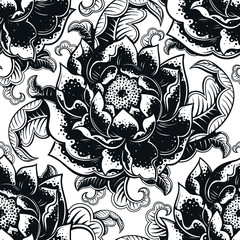 Vector Black and White Roses Seamless Pattern