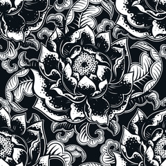 Vector Black and White Peony Seamless Pattern