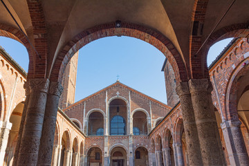 Italy, Milan, February 13, 2020, view and details of the cathedral of Santo Ambrogio, one of the oldest churches in Milan