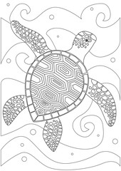 Coloring page with a turtle in the ocean, outline vector stock illustration of a sea animal as anti-stress therapy for children and adults for printing in A4 format