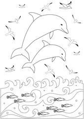 Coloring page with dolphins in the sea, A4 outline stock vector illustration with gulls and fish as anti-stress therapy for children and adults for print