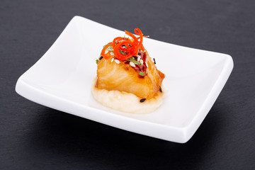 Fish and meat canapés for visiting catering, for holidays and ceremonies, for restaurant, menu
