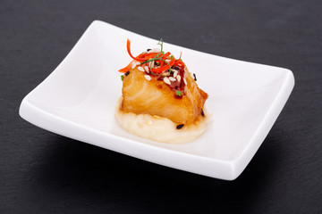 Fish and meat canapés for visiting catering, for holidays and ceremonies, for restaurant, menu
