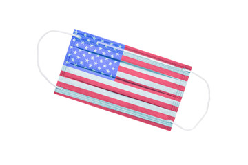 facial medical mask with usa flag isolated on a white background. USA pandemic concept. Coronavirus in America. USA medical background. US Pollution Subject