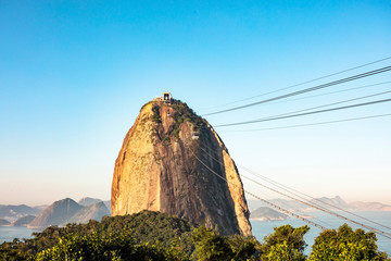 Pao de Acucar mountain with cable car and viewpoint to the whole of Rio de Janeiro, Brazil. - obrazy, fototapety, plakaty