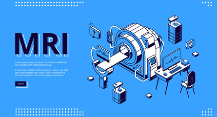 Mri scanner without patient isometric vector landing page. Empty room for magnetic resonance imaging and desktop with computer, digital technology in medicine diagnostic, ultrasonography web banner