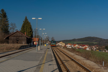 Fototapeta na wymiar Zlata Koruna railway station in south Bohemia in spring day