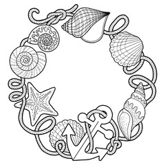 Vector coloring book for adult, for meditation and relax. Backgroun of sell, anchors, shells, stones and sand. Black and white image on a white background of isolated elements