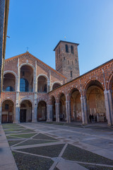 Fototapeta na wymiar Italy, Milan, February 13, 2020, view and details of the cathedral of Santo Ambrogio, one of the oldest churches in Milan