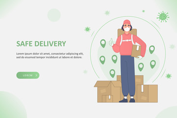 Safe delivery and delivery service during COVID-19 Coronavirus pandemic concept. Delivery man wearing respirator mask and gloves, standing and holding package in hand, vector illustration