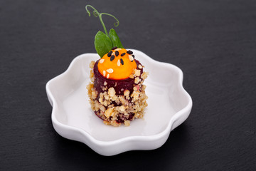 Fish and meat canapés for visiting catering, for holidays and ceremonies, for restaurant, menu
