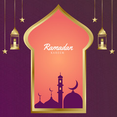 The concept of Ramadan Kareem with landscape in the window. beautiful twilight and traditional lanterns. Banners or greeting cards with temples, mosque buildings.
