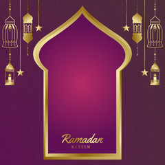 The concept of Ramadan Kareem and the window. beautiful twilight and traditional lanterns. Banners or greeting cards with temples, mosque buildings.