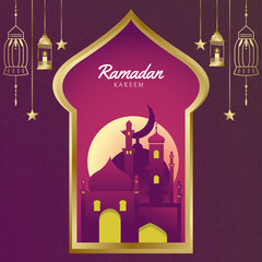 The concept of Ramadan Kareem with landscape in the window. beautiful twilight and traditional lanterns. Banners or greeting cards with temples, mosque buildings.