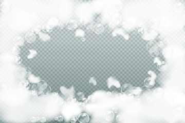 Bath foam isolated on transparent background. Flying shreds of foam.Shampoo bubbles texture.Sparkling shampoo and bath lather vector illustration.