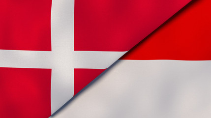 Fototapeta premium The flags of Denmark and Indonesia. News, reportage, business background. 3d illustration