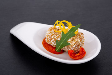 Fish and meat canapés for visiting catering, for holidays and ceremonies, for restaurant, menu