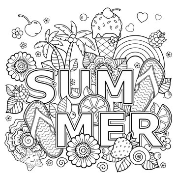 Hand drawn vector coloring book for adult. Summer holidays, party and rest